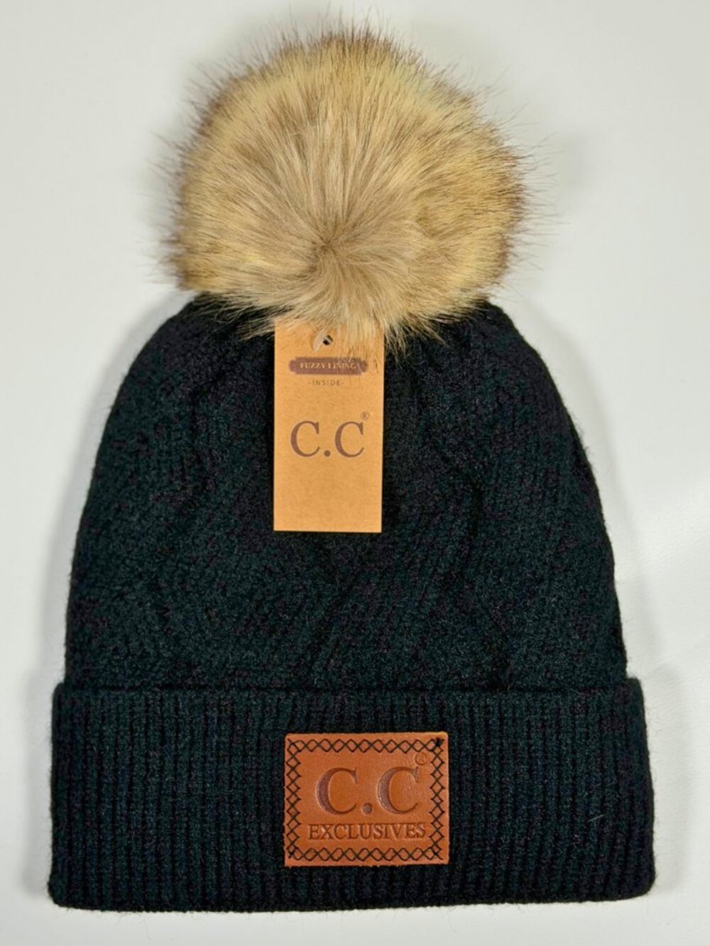 NWT C.C Exclusives Black Knit Beanie with Faux Fur Pom Pom & Fleece Lining